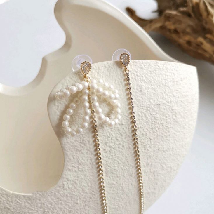 Rhinestone & Pearl Bow Drop Earrings