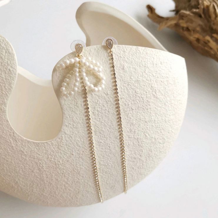 Rhinestone & Pearl Bow Drop Earrings