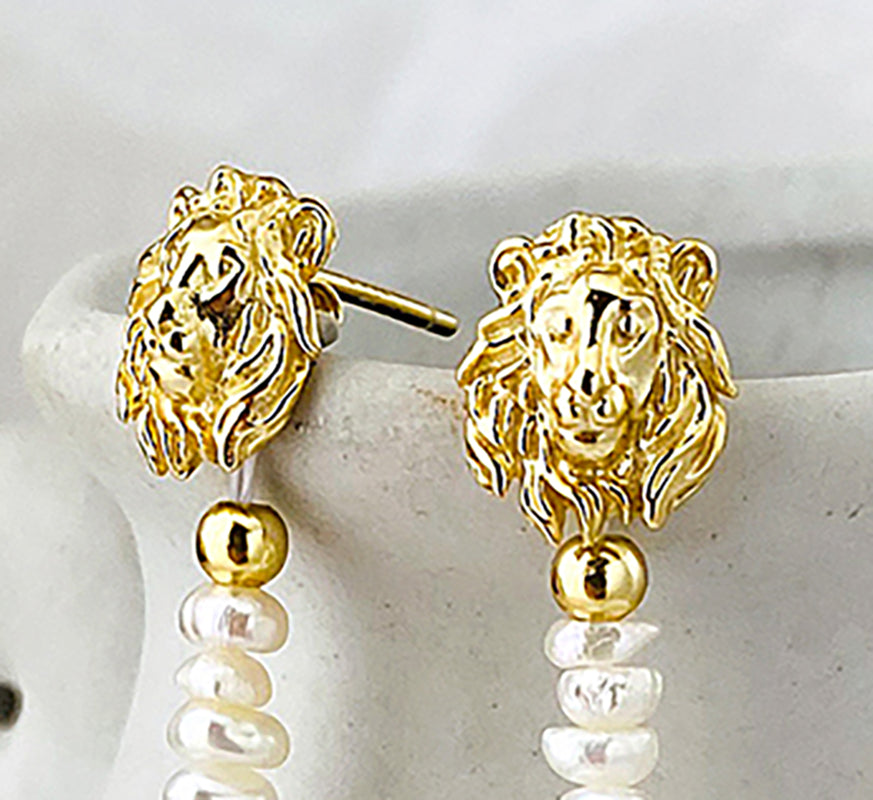 Lion Head Pearl Drop Earrings